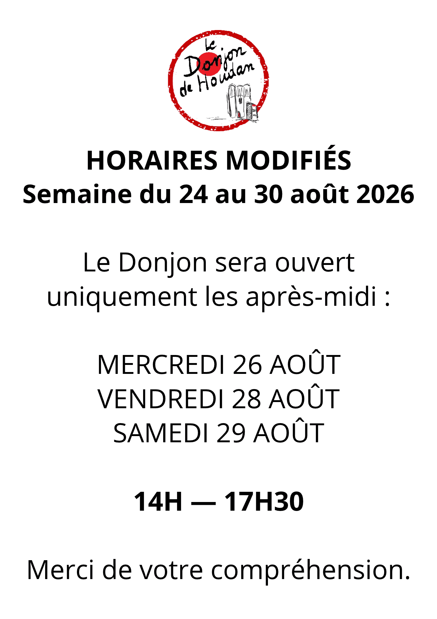 Horaires modifiés semaine du 24 au 30 août 2026