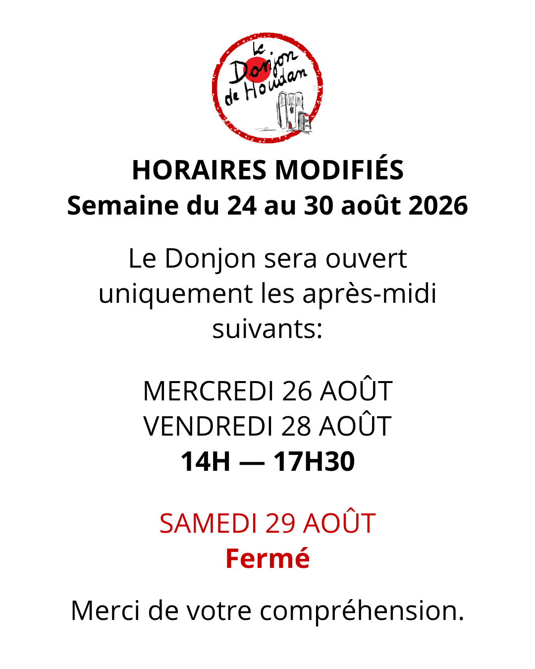 Horaires modifiés semaine du 24 au 30 août 2026